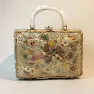 1950s-60s White Customizable Seashell Wicker Basket Shockproof Purse