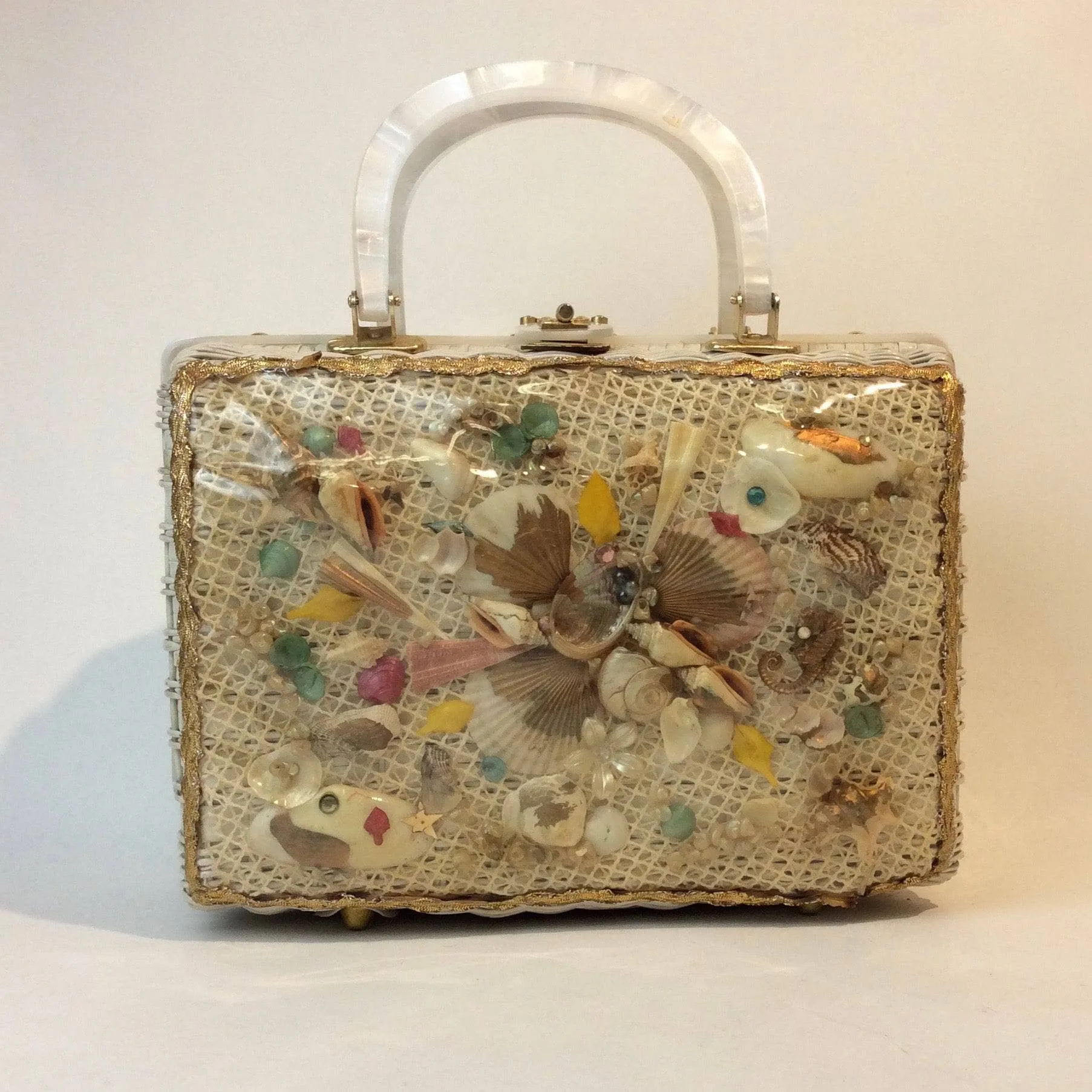 1950s-60s White Customizable Seashell Wicker Basket Shockproof Purse