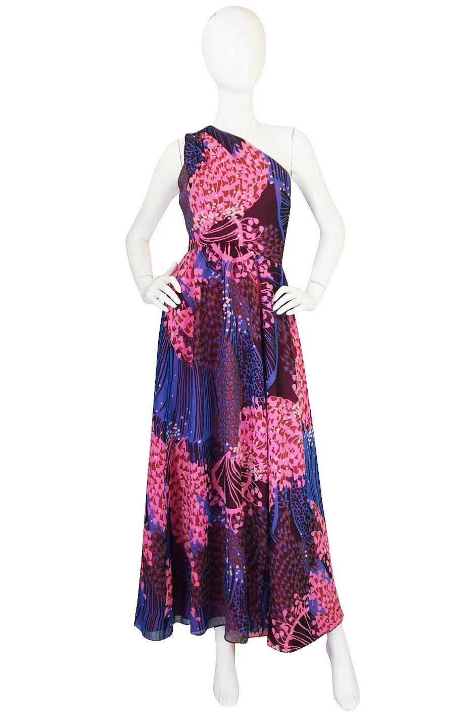 1960s One Shoulder Silk Chiffon Jerry Silverman Dress