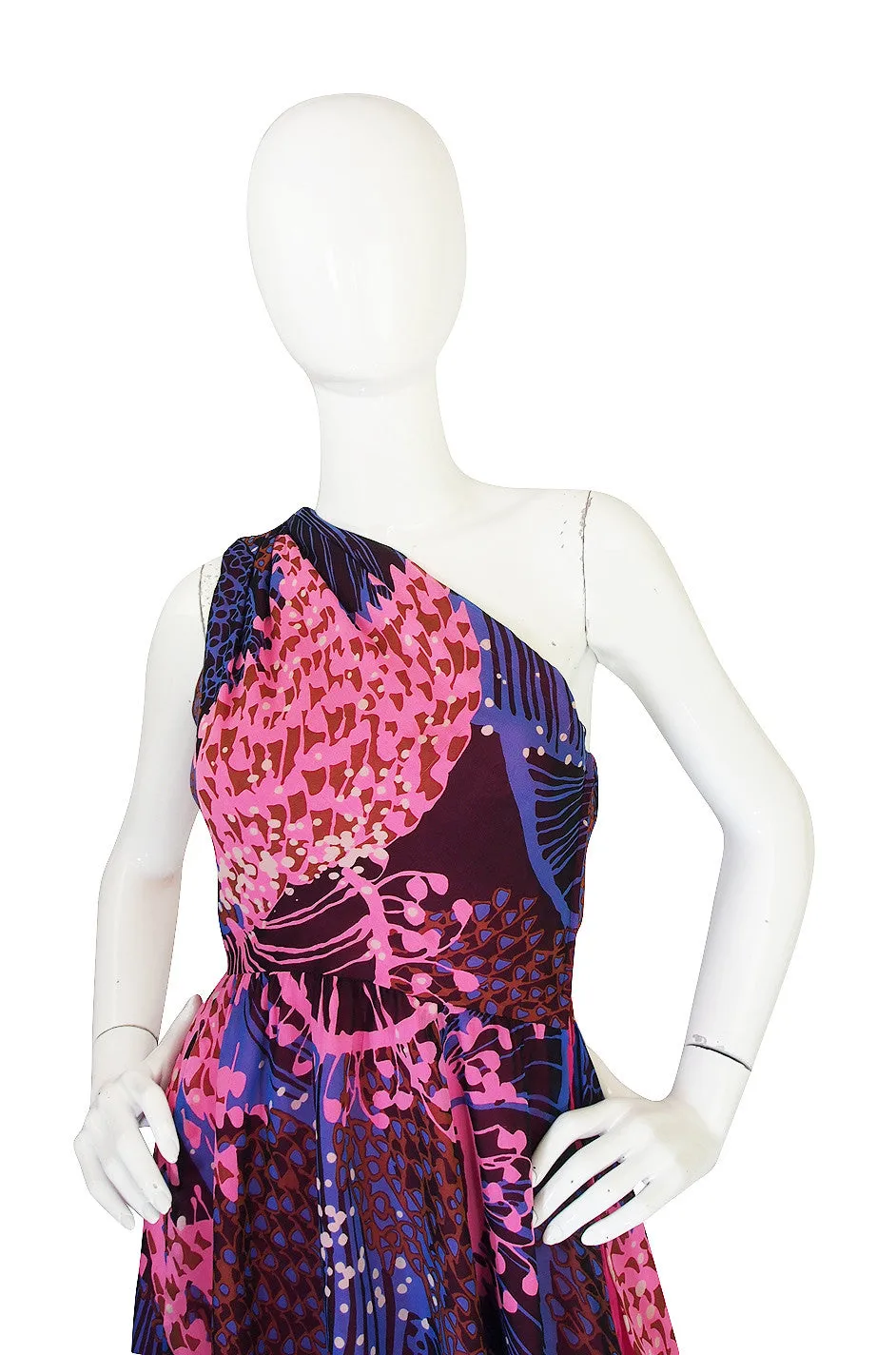 1960s One Shoulder Silk Chiffon Jerry Silverman Dress