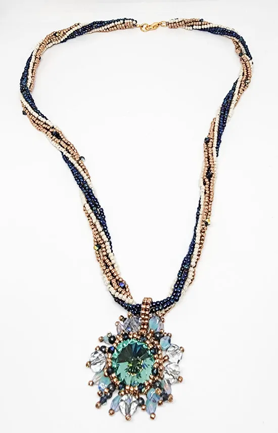 3 Drop Twisted Herringbone Rope Necklace With Crystal Rivoli Bezel Pendant (special order - sold out)