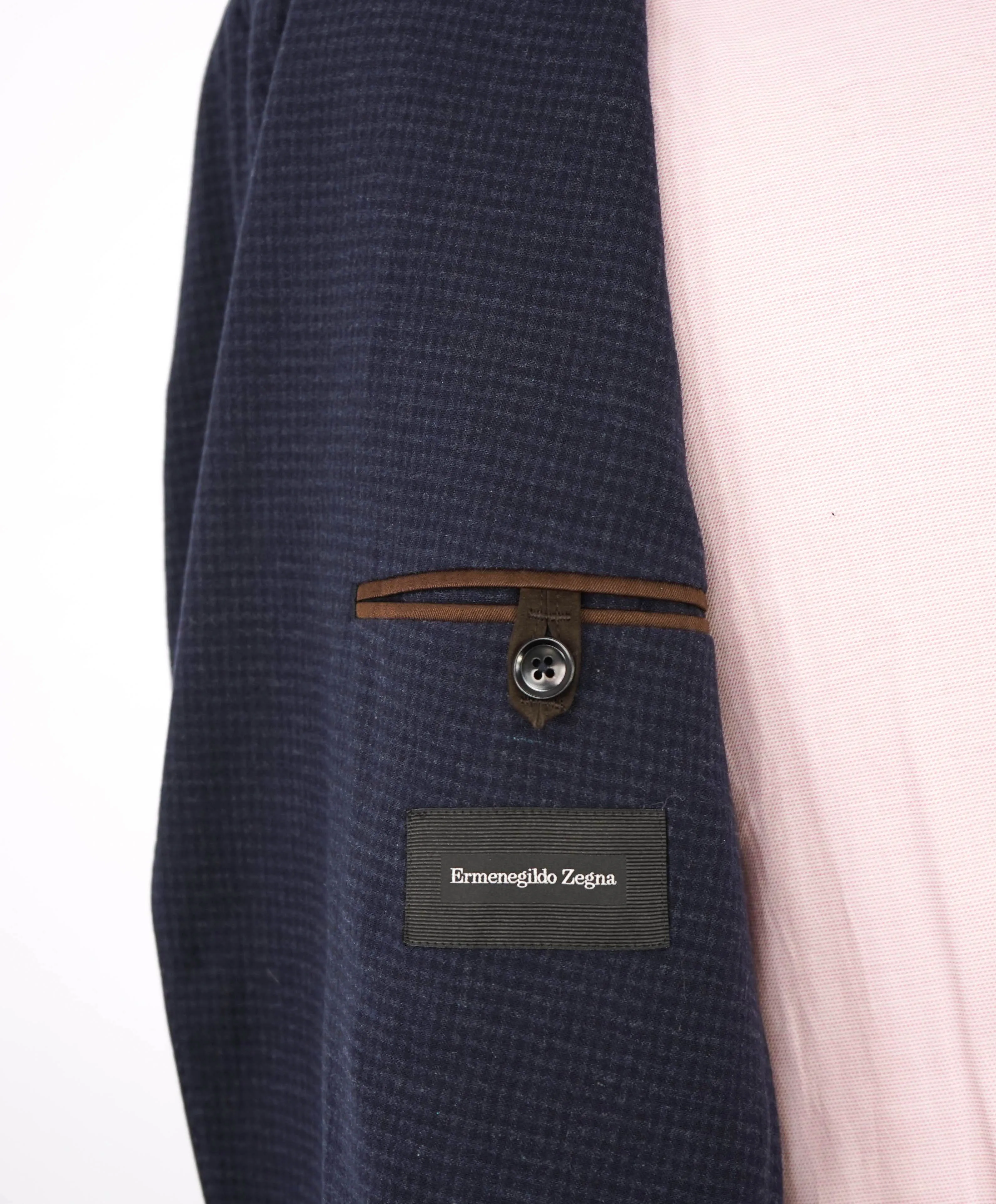 $3,250 ERMENEGILDO ZEGNA - PURE SILK Navy Check LEATHER Trim Blazer  - 46R