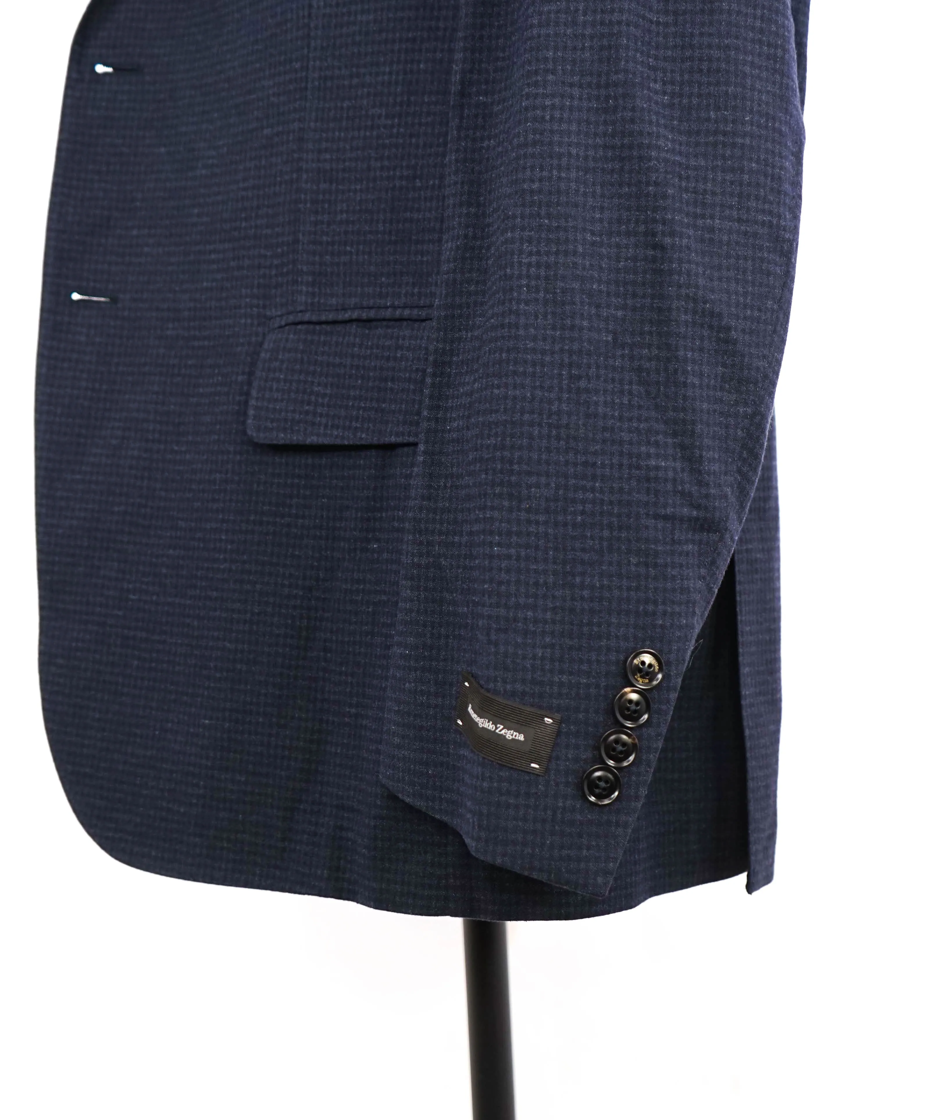 $3,250 ERMENEGILDO ZEGNA - PURE SILK Navy Check LEATHER Trim Blazer  - 46R
