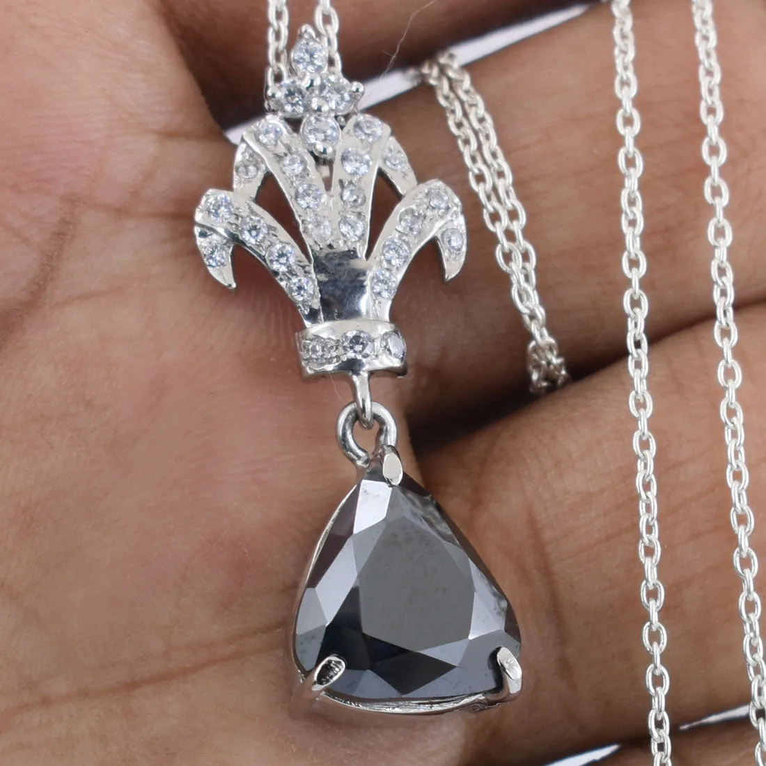 3.50 Ct Trillion Shape Black Diamond Pendant With Diamond Accents. Designer Loop & Great Shine
