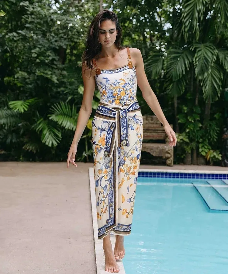 84Volt  Porcelain Print Leather Straps One Piece Swimsuit Set - As shown / S