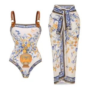84Volt  Porcelain Print Leather Straps One Piece Swimsuit Set - As shown / S
