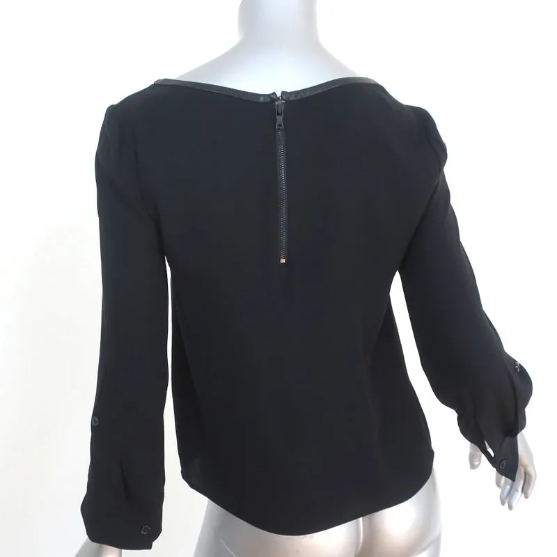 Alice   Olivia AIR Boatneck Top Black Leather-Trim Stretch Silk Size Extra Small