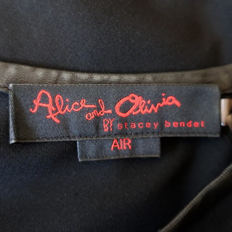 Alice   Olivia AIR Boatneck Top Black Leather-Trim Stretch Silk Size Extra Small