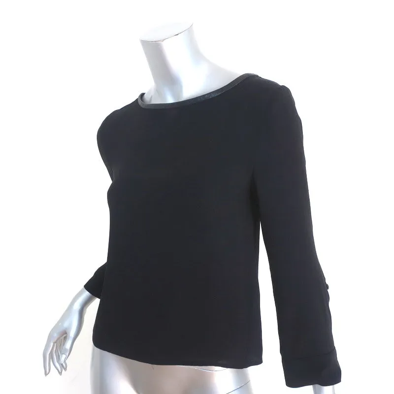 Alice   Olivia AIR Boatneck Top Black Leather-Trim Stretch Silk Size Extra Small
