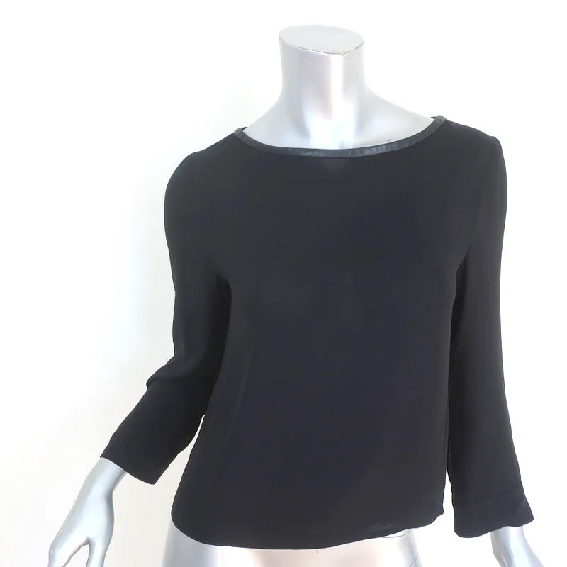Alice   Olivia AIR Boatneck Top Black Leather-Trim Stretch Silk Size Extra Small