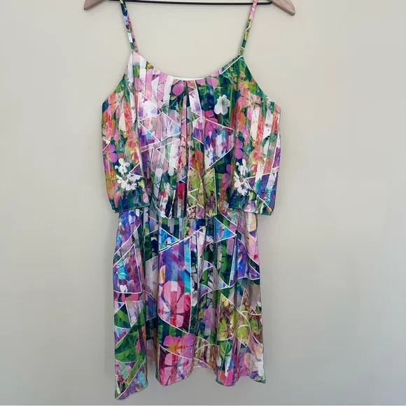 Amanda Uprichard Silk Tiered Mini Dress M Kaleidoscope Multi Spaghetti Straps