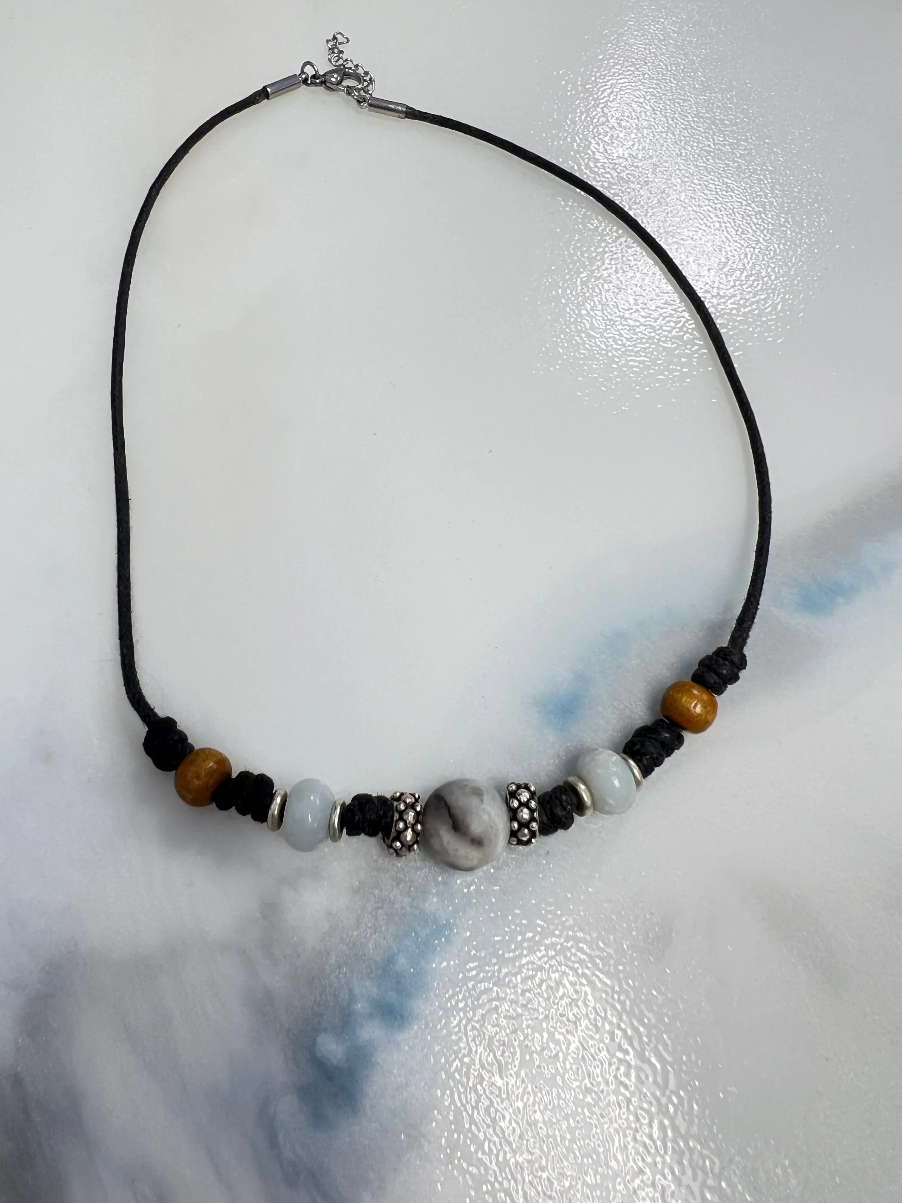 Amazonite, Sterling Silver, Wood & Vegan Leather Necklace | Handcrafted Jewelry