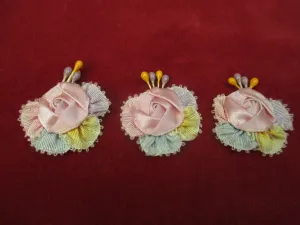 Antique Victorian silk ribbon rose ribbon art rosettes 3 pc