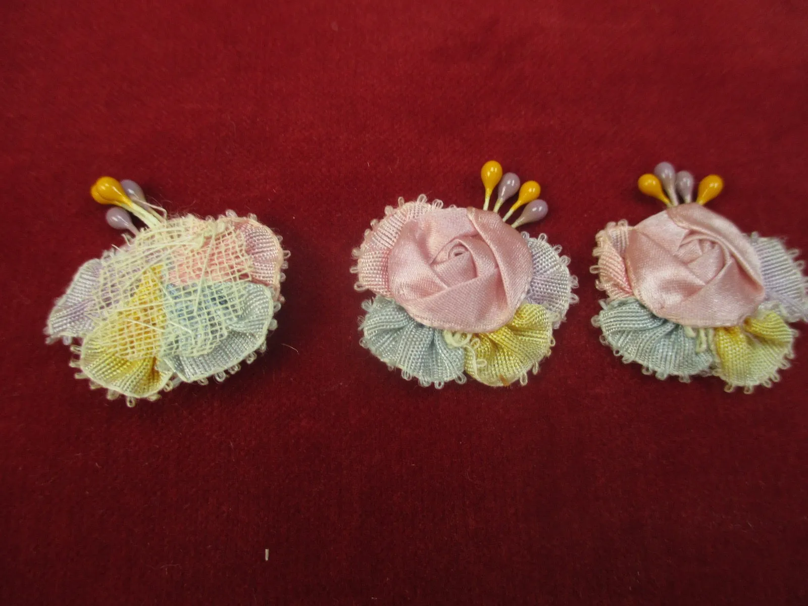 Antique Victorian silk ribbon rose ribbon art rosettes 3 pc