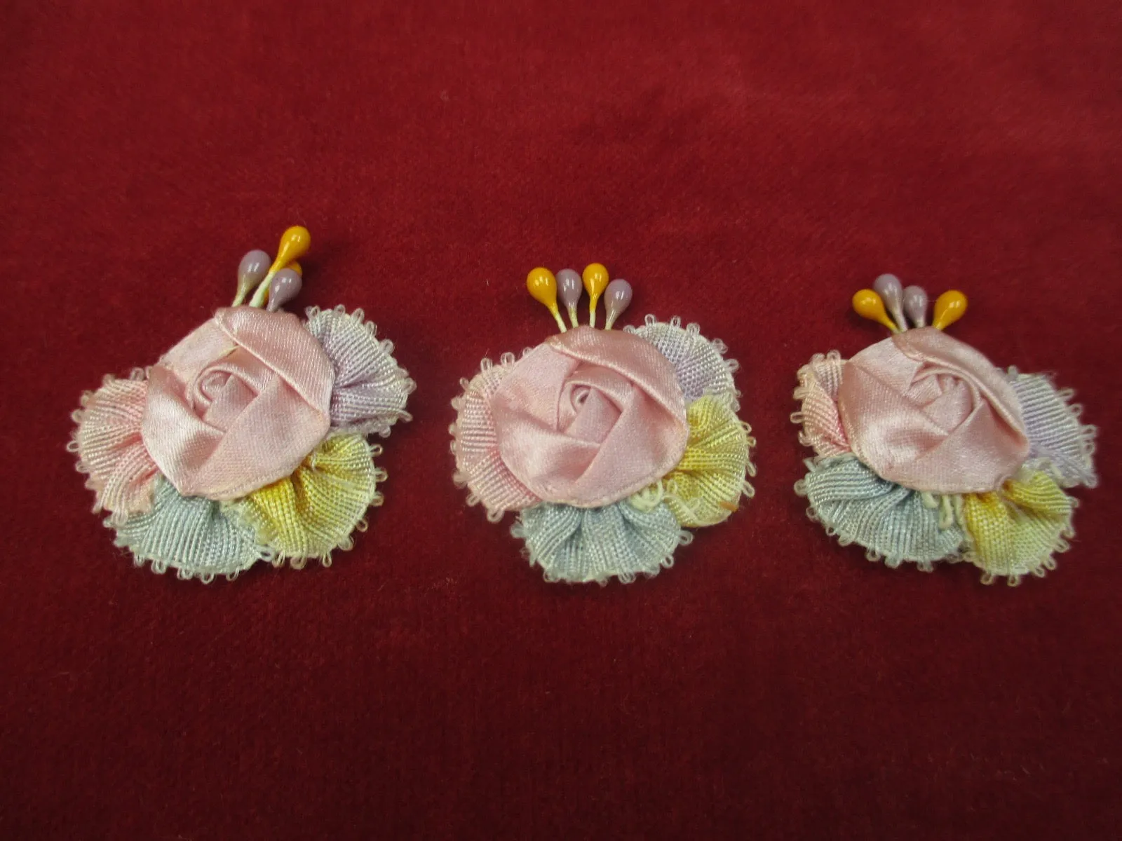 Antique Victorian silk ribbon rose ribbon art rosettes 3 pc
