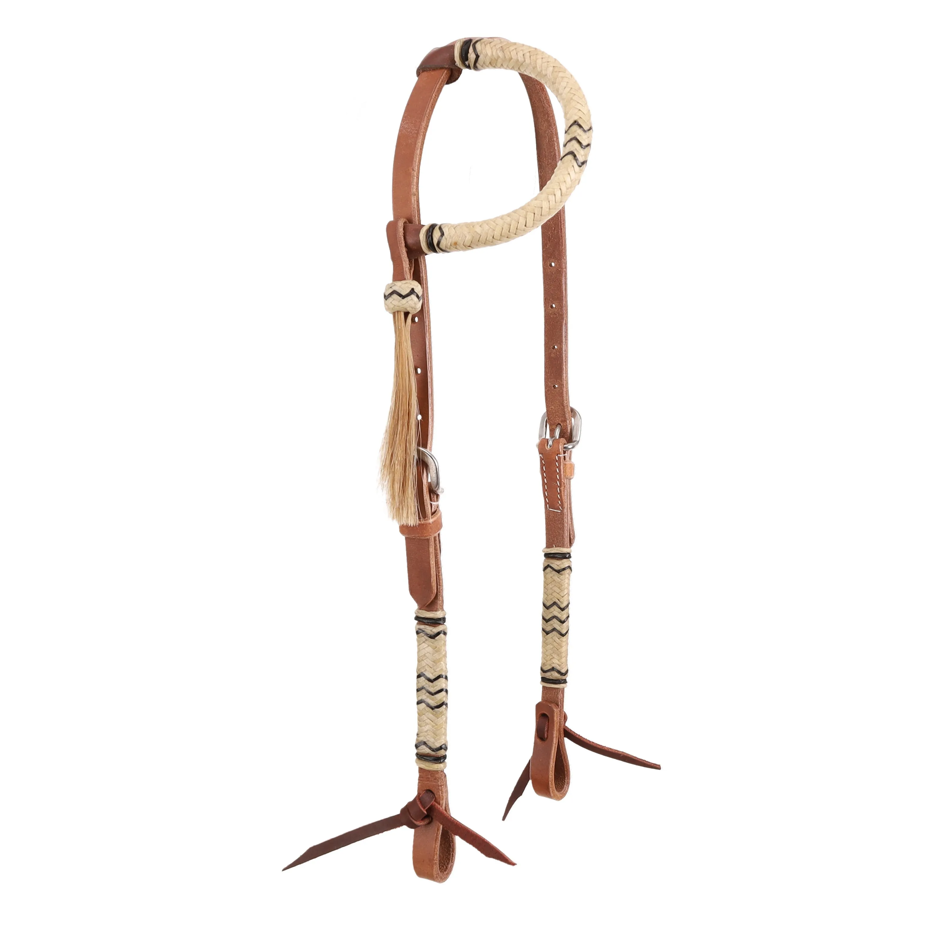Argentina Cow Leather One Ear Headstall with Black and White Rawhide Accents
