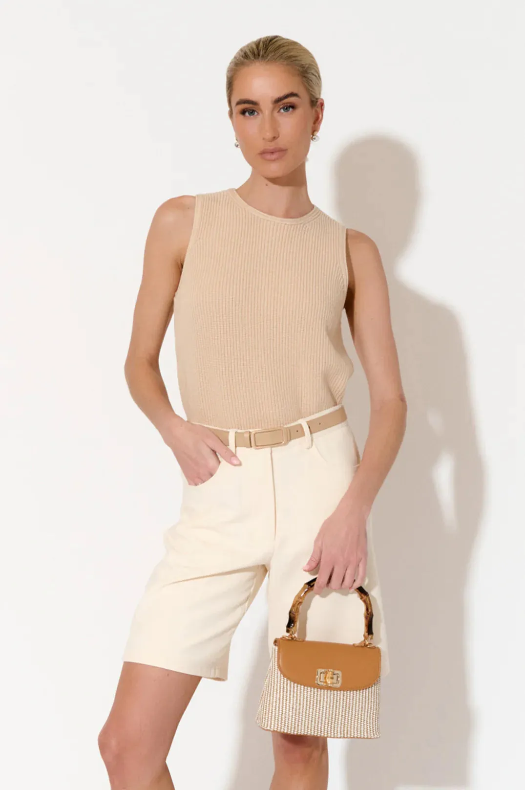 ARIANNA CANE HANDLE EVENT BAG (CAMEL/NATURAL)
