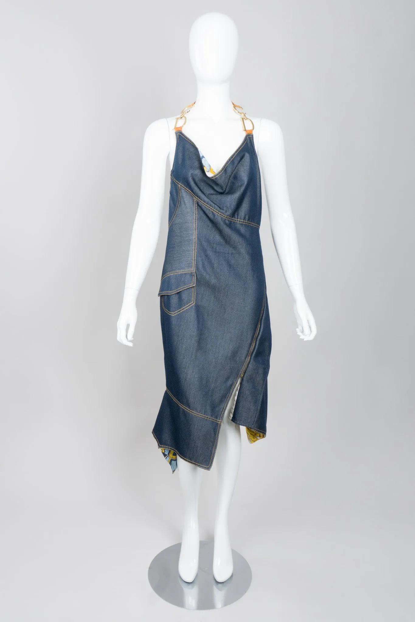 Asymmetrical Silk Denim Halter Dress