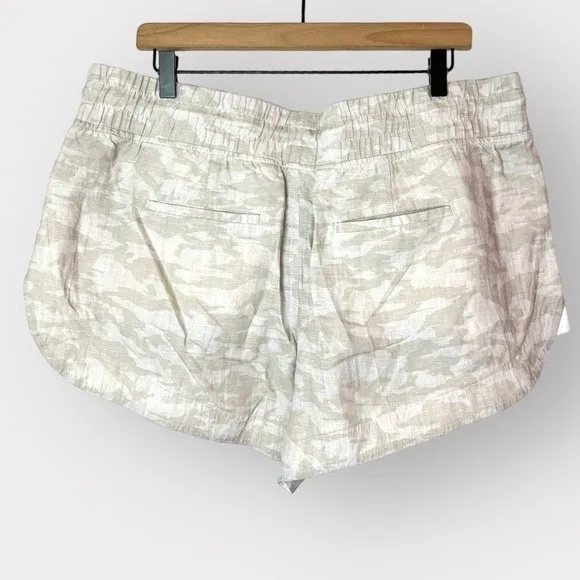 Athleta Cabo Tide Linen Shorts Neutral Camo Mid-rise Pull-on Drawstring NWT 16
