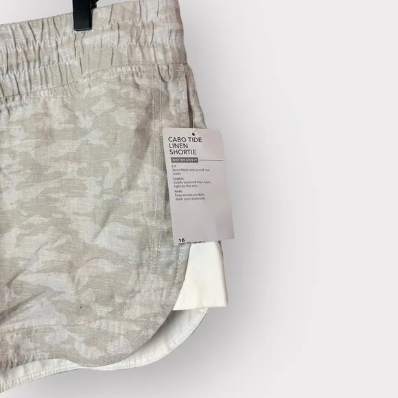 Athleta Cabo Tide Linen Shorts Neutral Camo Mid-rise Pull-on Drawstring NWT 16