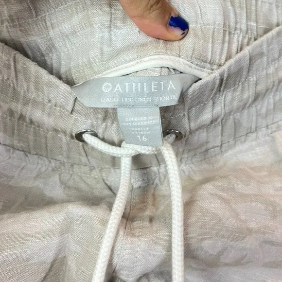 Athleta Cabo Tide Linen Shorts Neutral Camo Mid-rise Pull-on Drawstring NWT 16