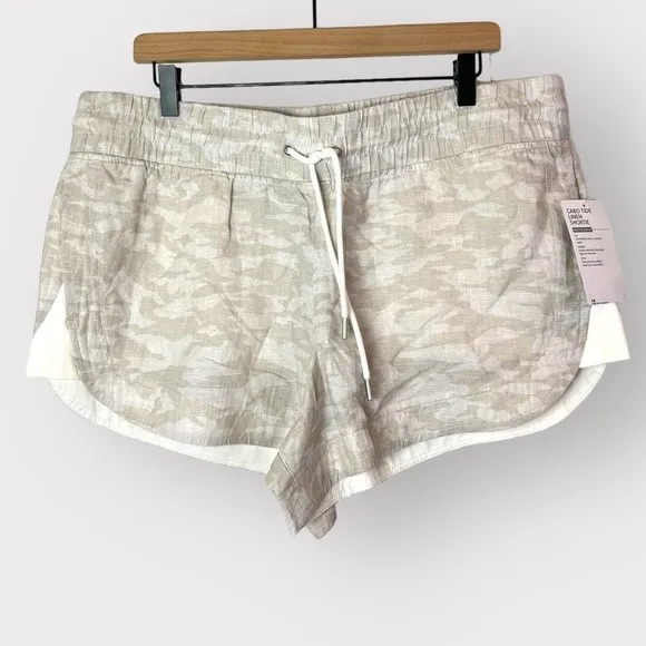 Athleta Cabo Tide Linen Shorts Neutral Camo Mid-rise Pull-on Drawstring NWT 16