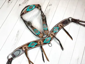 Aztec Floral Painted and Tooled Tripping Collar Set
