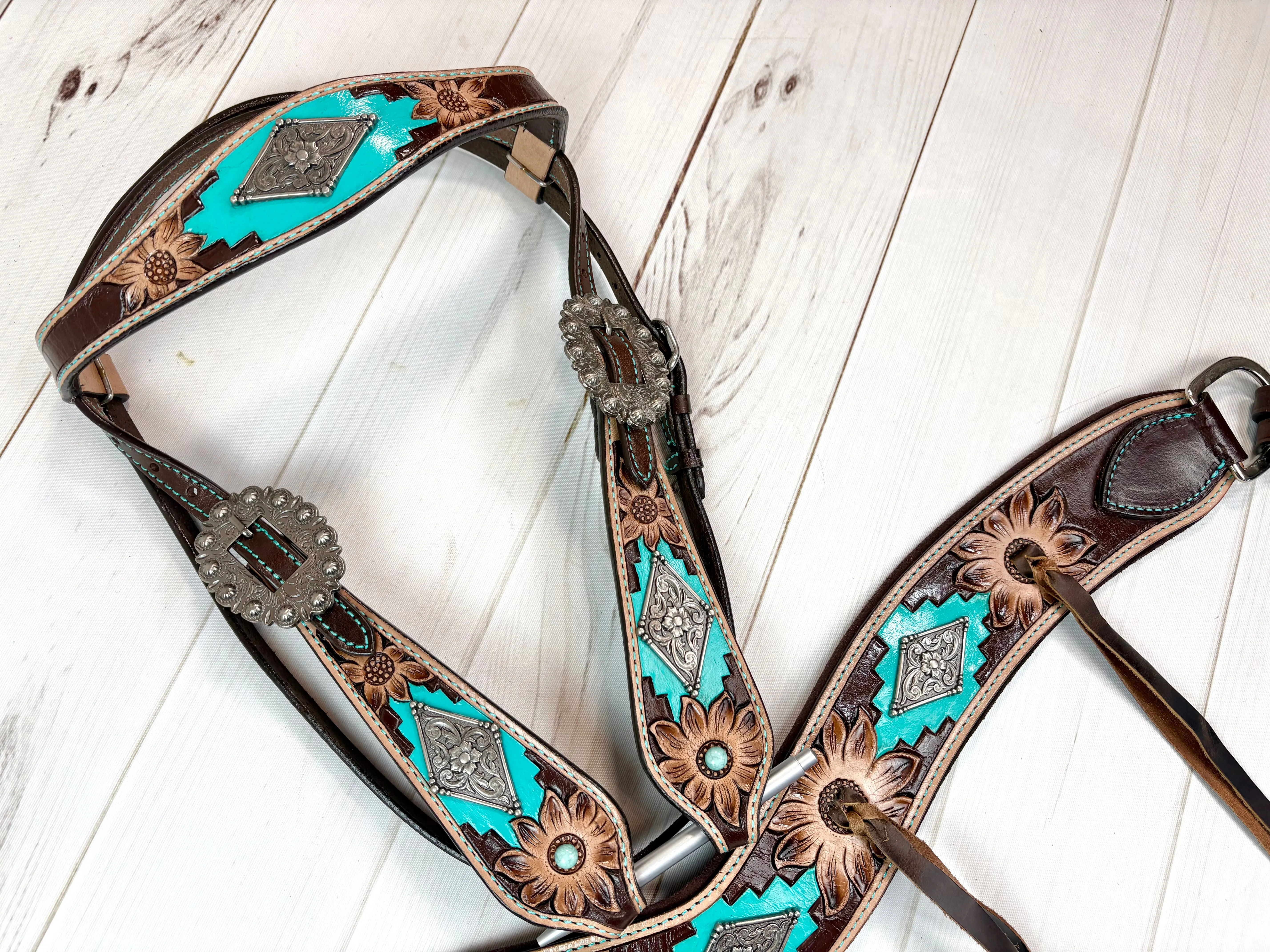 Aztec Floral Painted and Tooled Tripping Collar Set