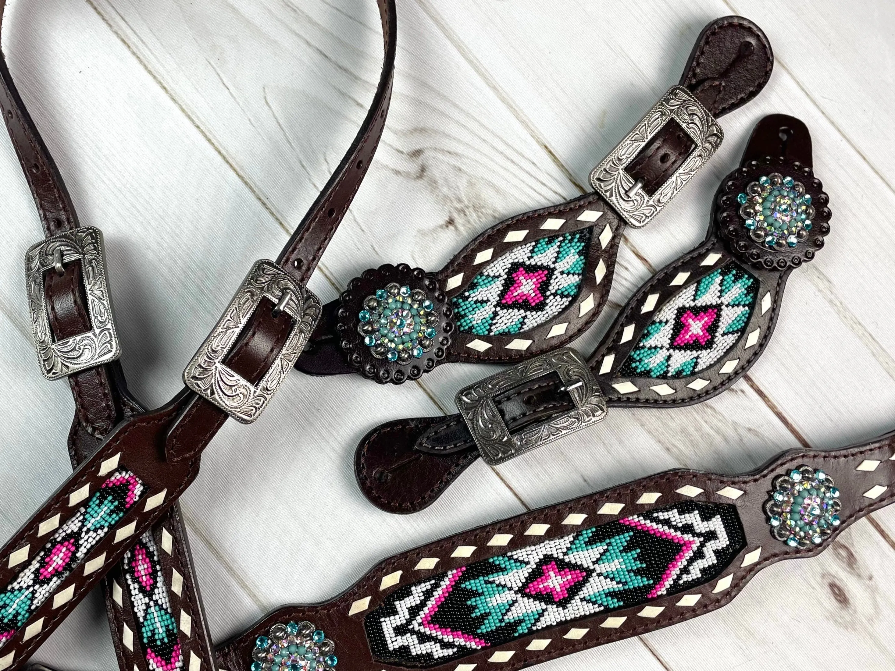 Aztec Turquoise Beaded Inset Dark Leather Spur Straps
