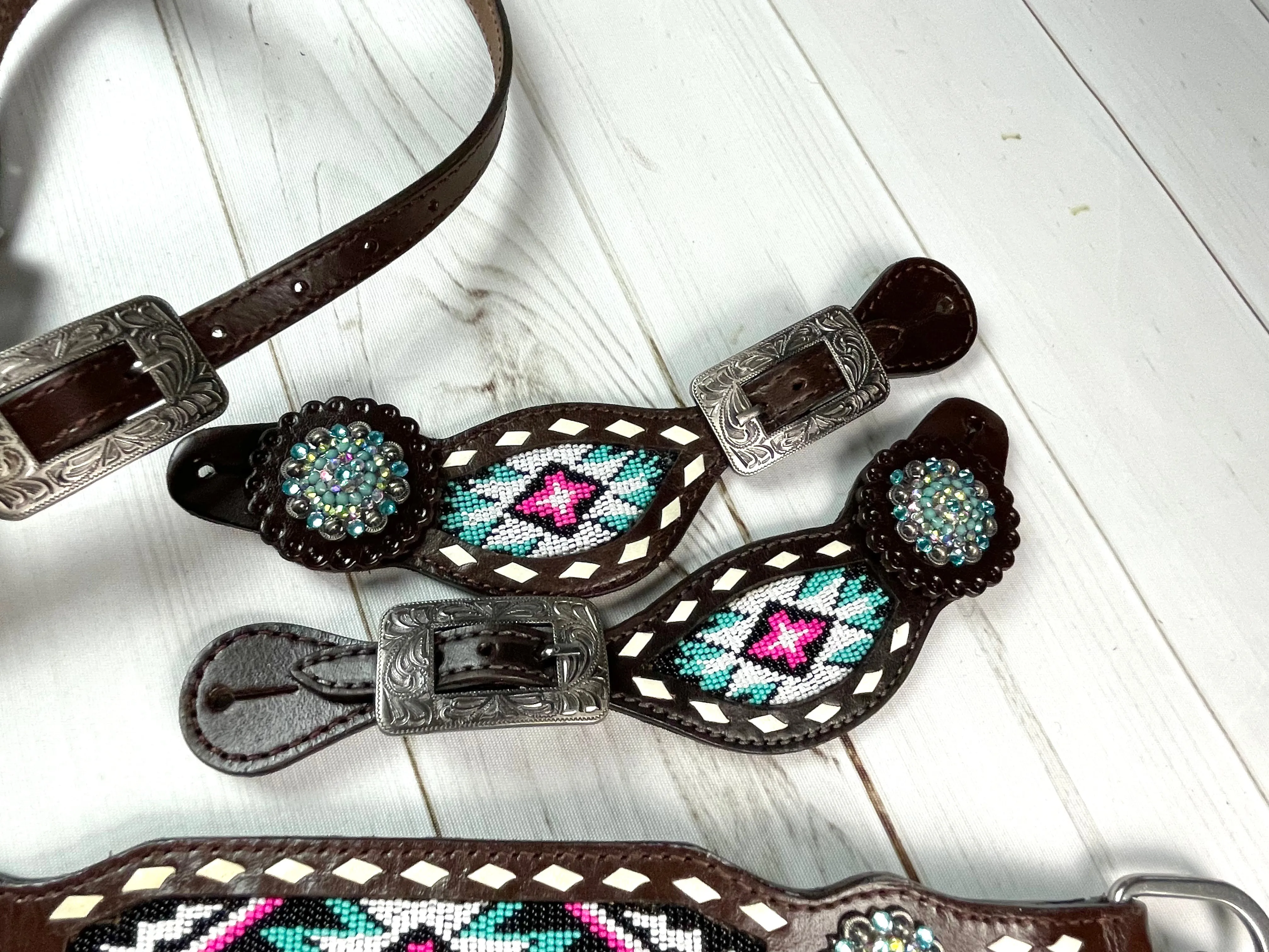 Aztec Turquoise Beaded Inset Dark Leather Spur Straps