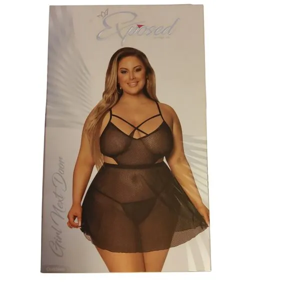 BABYDOLL &amp; CROTCHLESS PANTY SET PLUS SIZE 1-3X GIRL NEXT DOOR IN BLACK