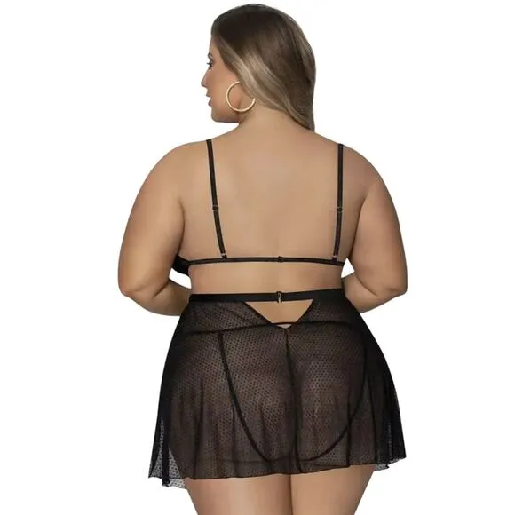 BABYDOLL &amp; CROTCHLESS PANTY SET PLUS SIZE 1-3X GIRL NEXT DOOR IN BLACK