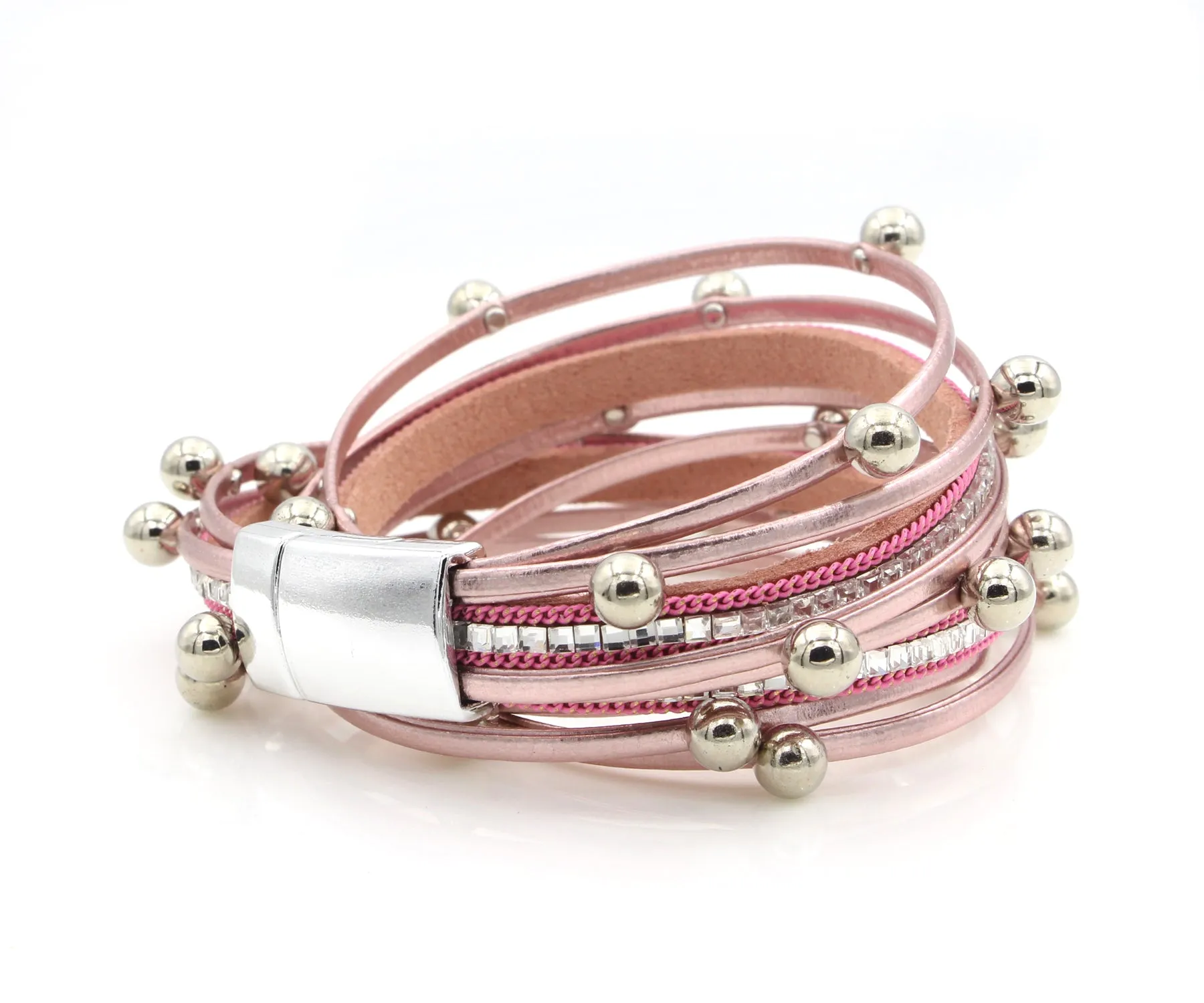 Beaded Pink Double Wrap Leather Bracelet