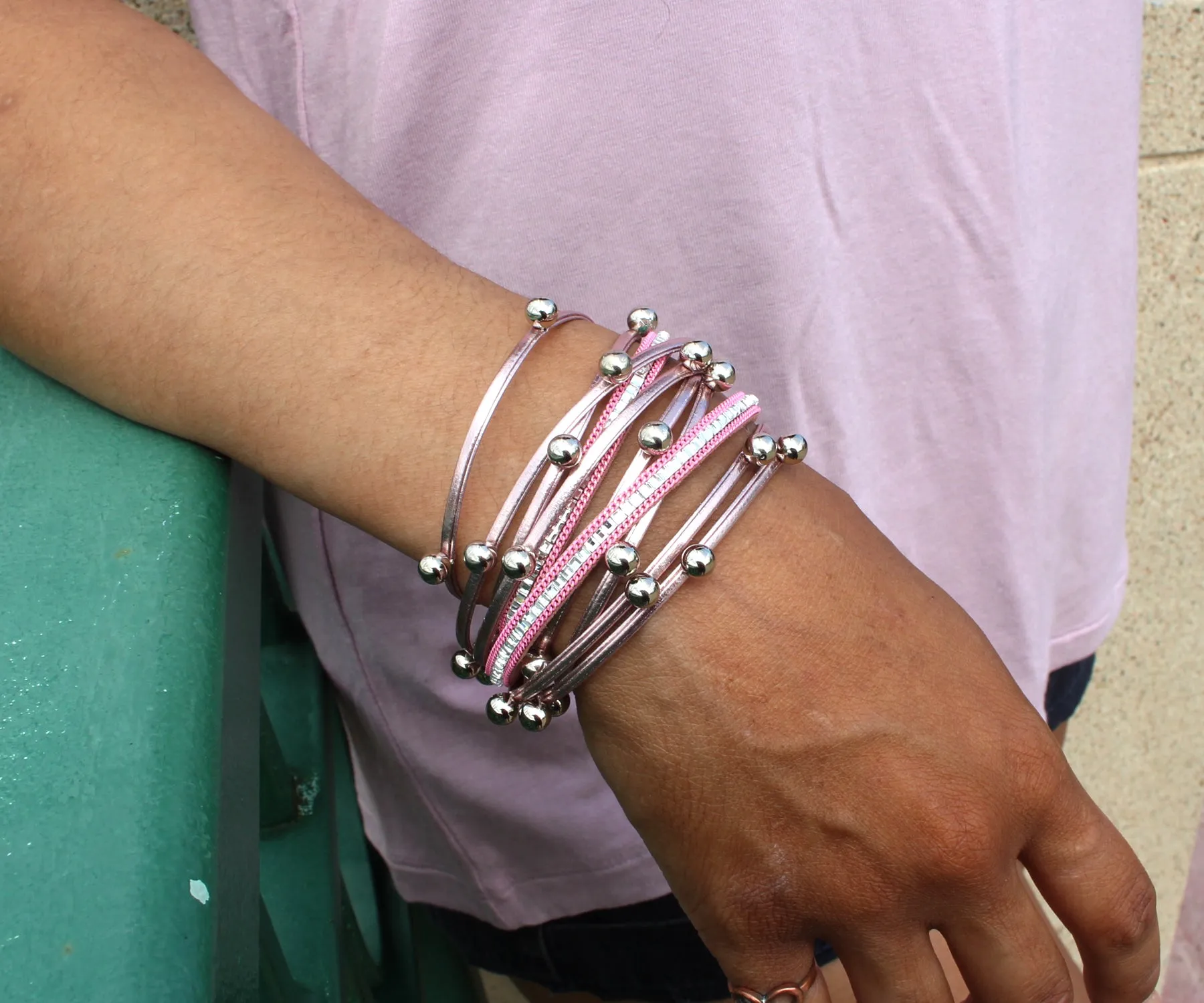 Beaded Pink Double Wrap Leather Bracelet