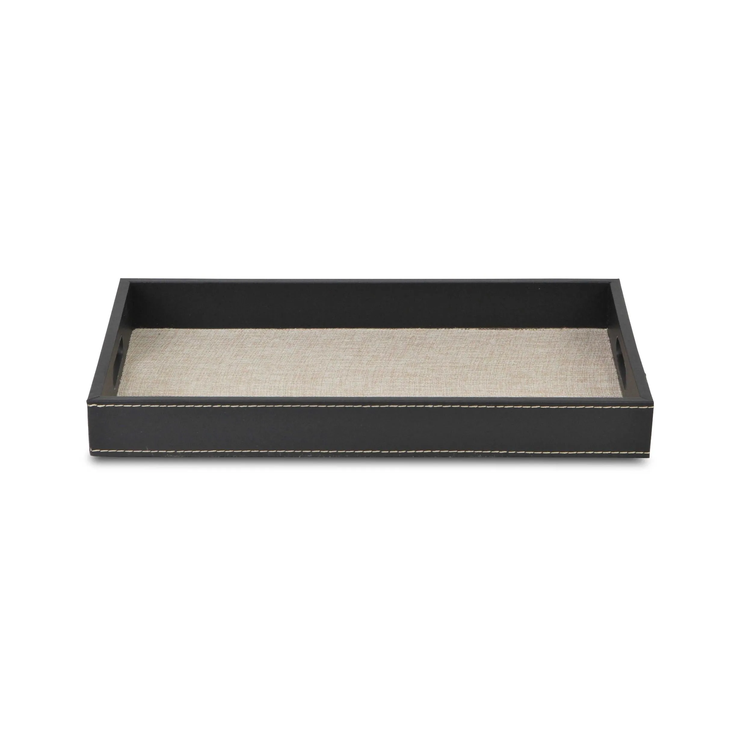 Black and Cream Faux Leather and Linen Serving Tray