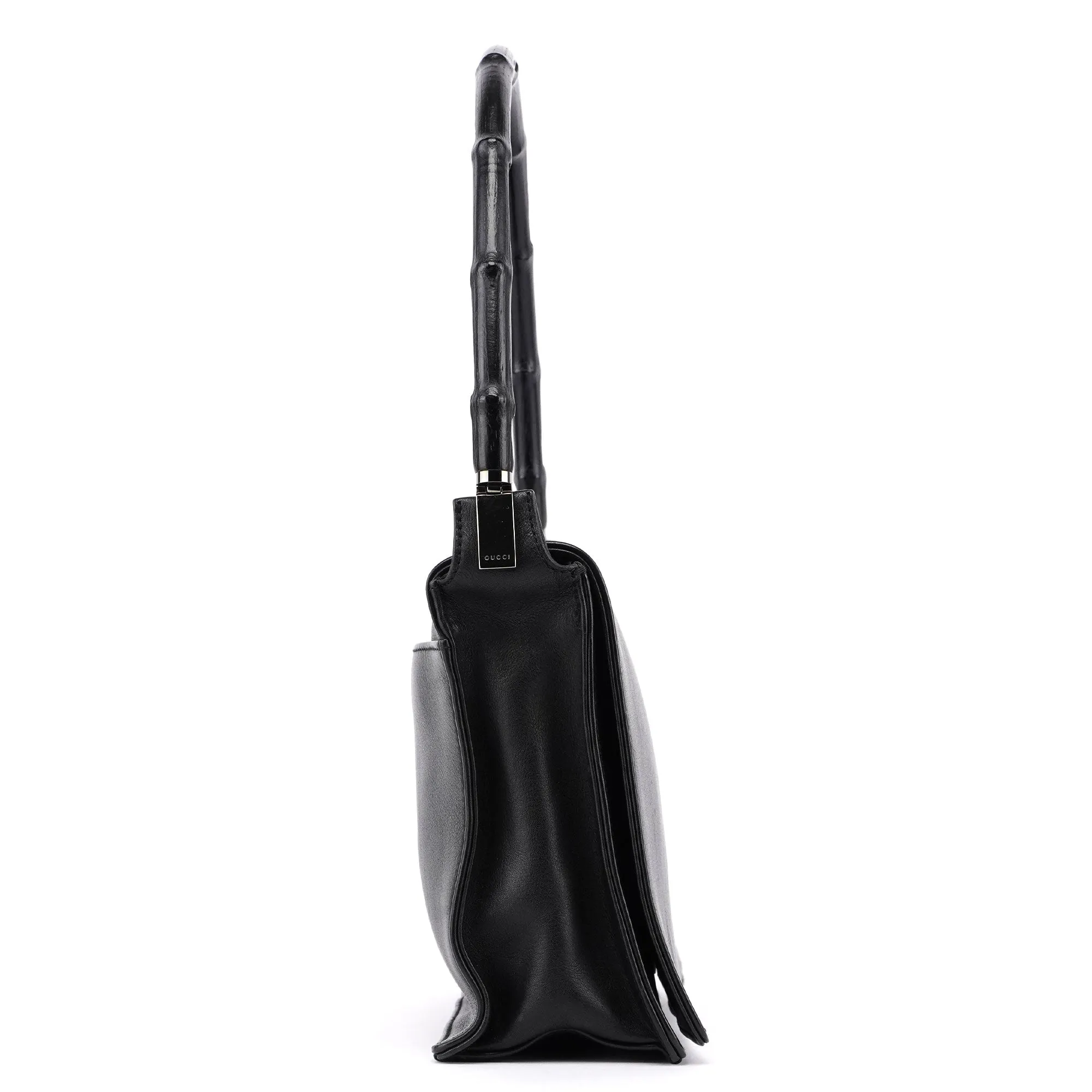 Black Calfskin Bamboo Flap Shoulder Bag