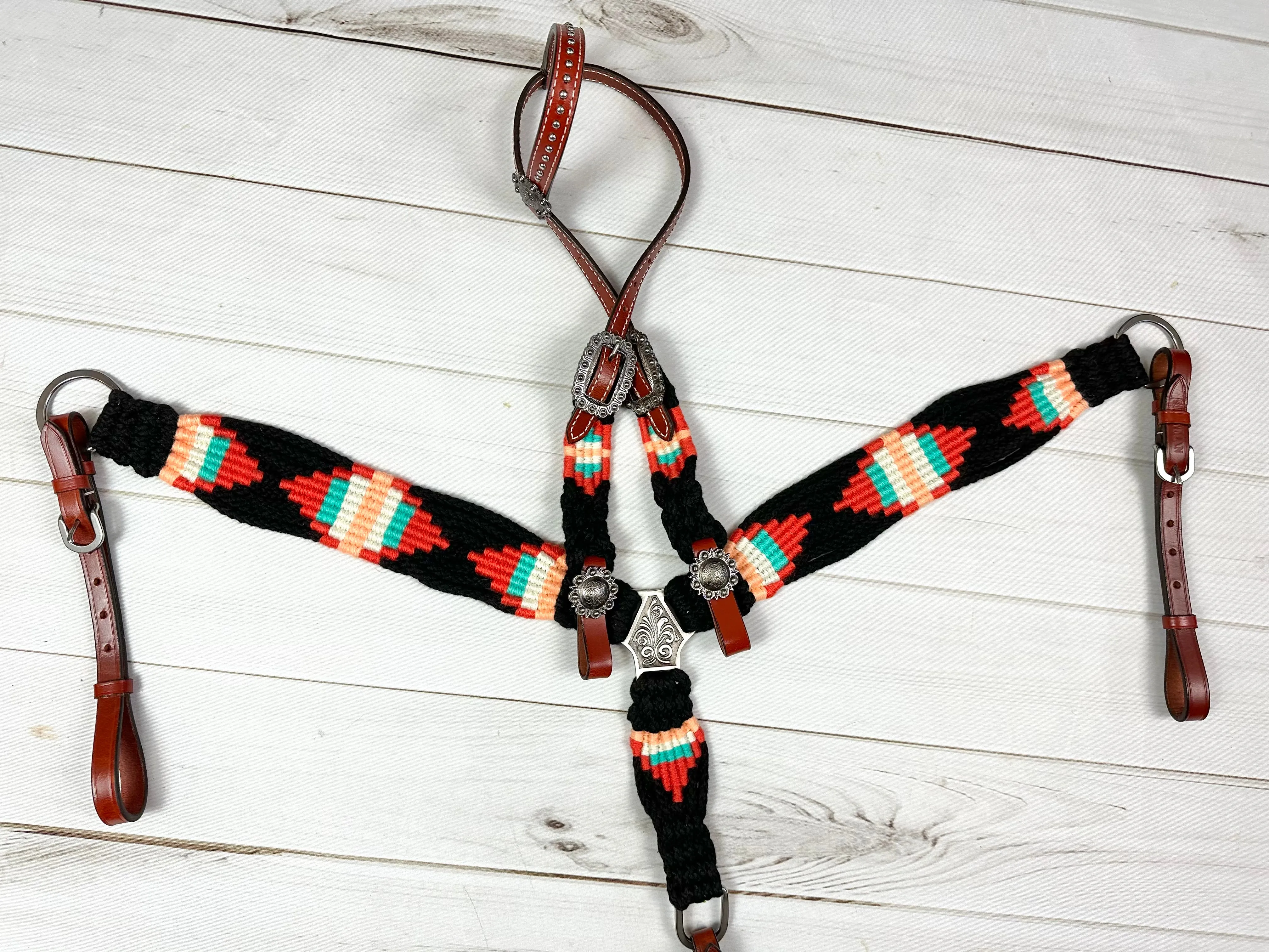 Black, Coral and Peach Corded Cotton and Leather Tack Set