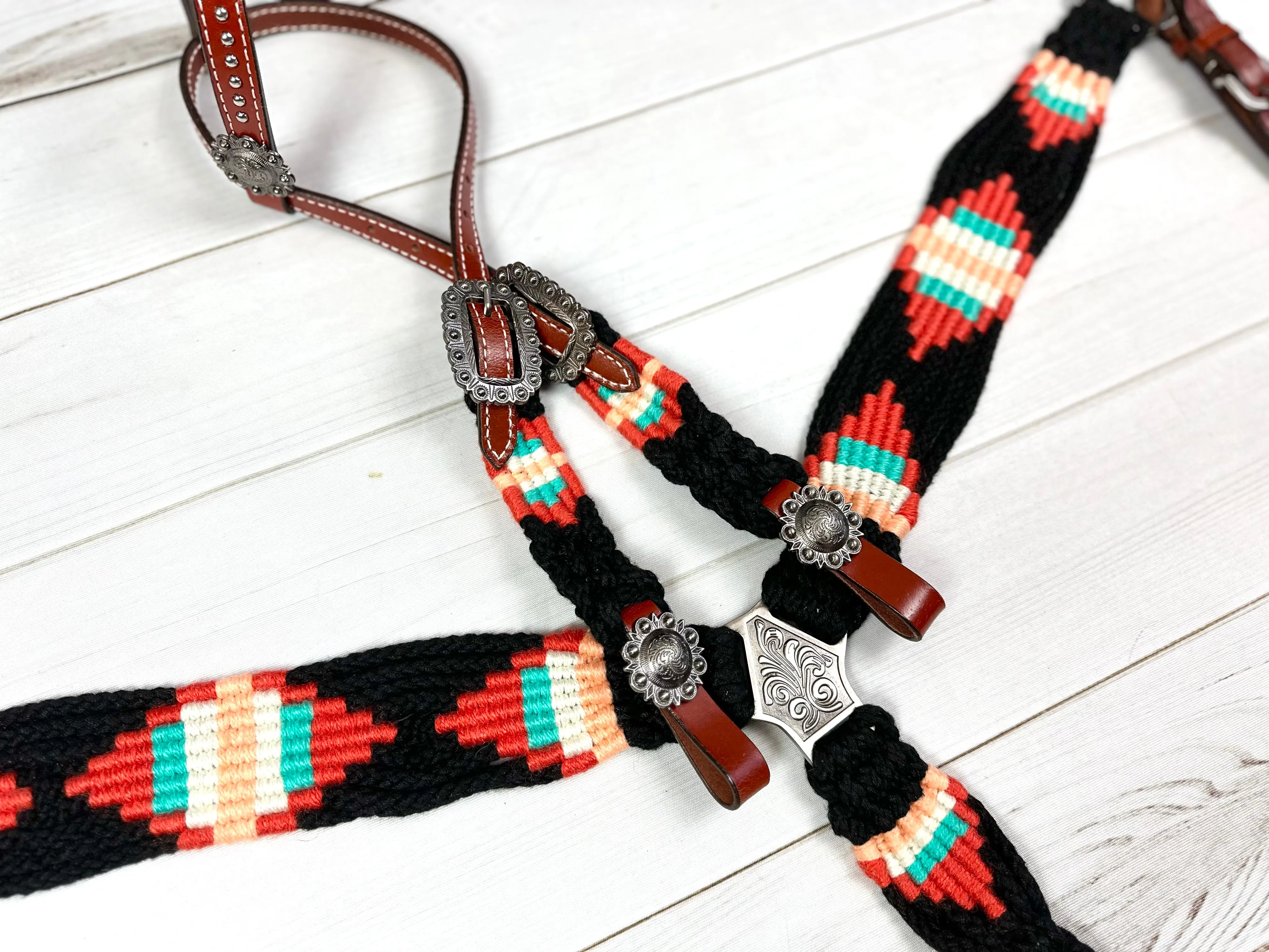 Black, Coral and Peach Corded Cotton and Leather Tack Set