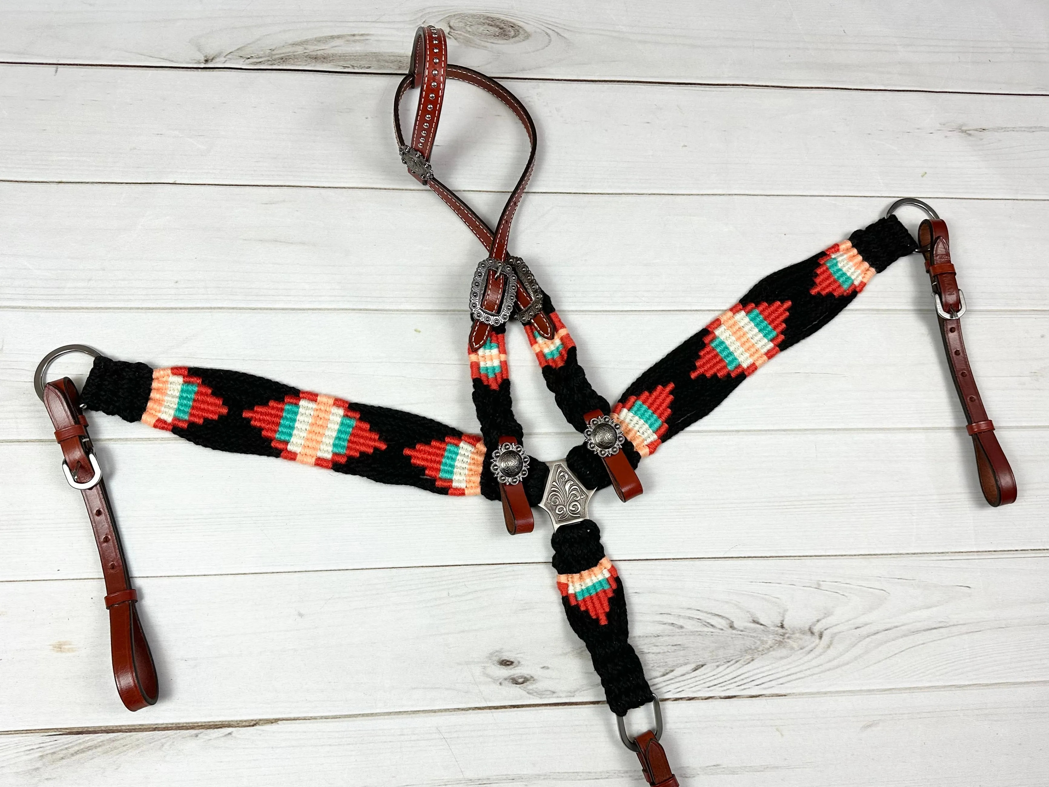 Black, Coral and Peach Corded Cotton and Leather Tack Set