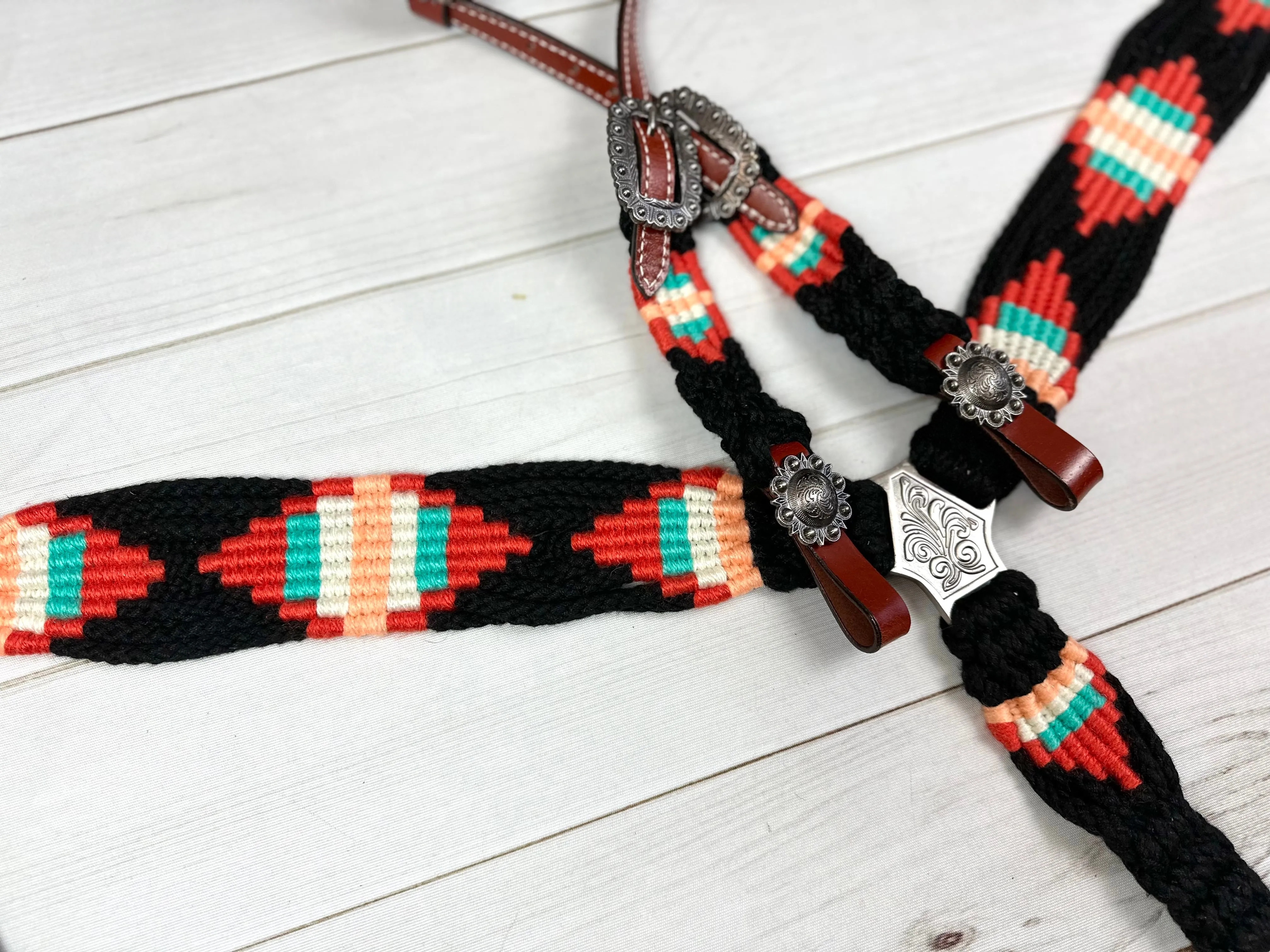 Black, Coral and Peach Corded Cotton and Leather Tack Set