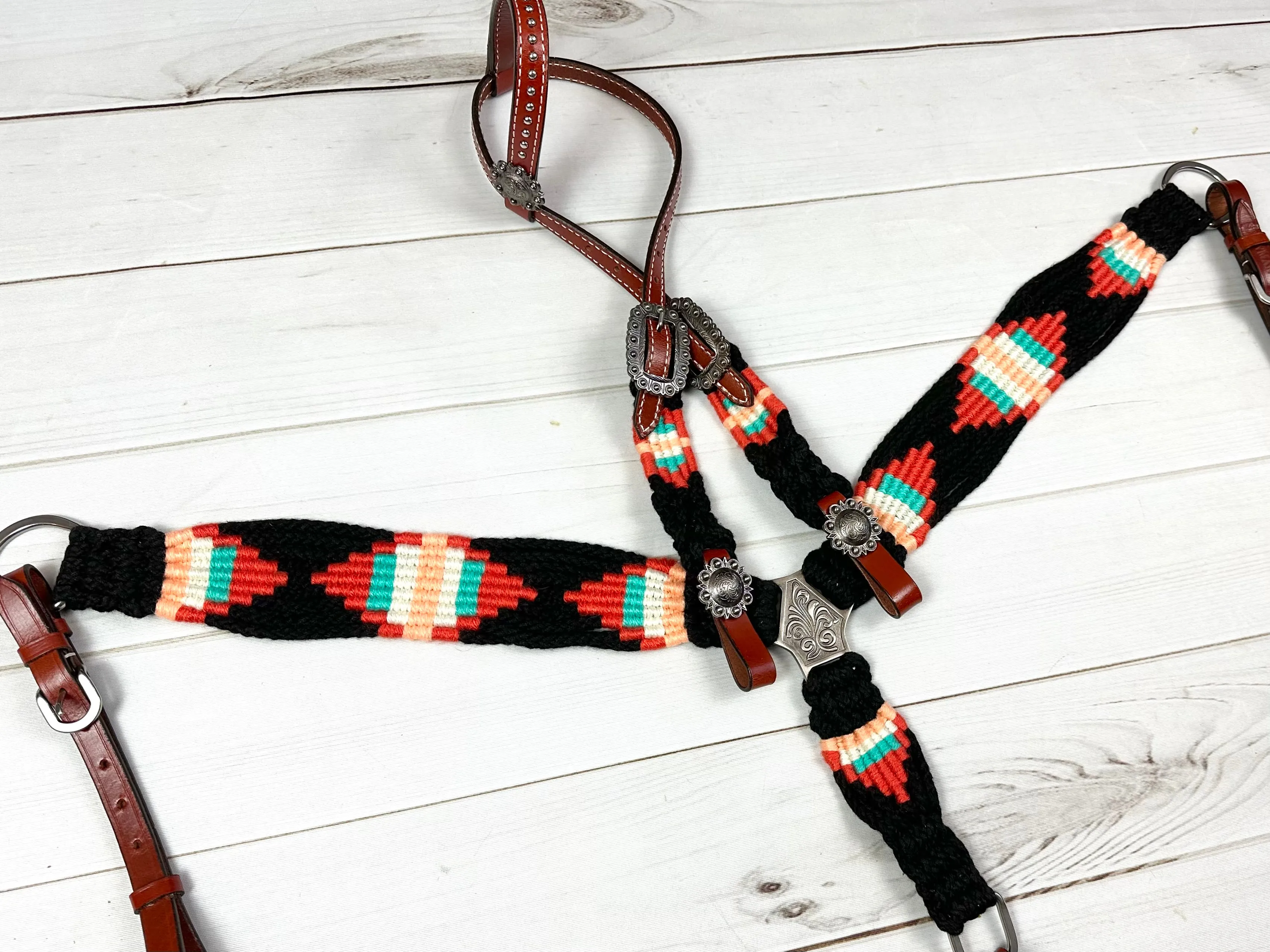 Black, Coral and Peach Corded Cotton and Leather Tack Set