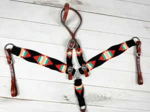 Black, Coral and Peach Corded Cotton and Leather Tack Set