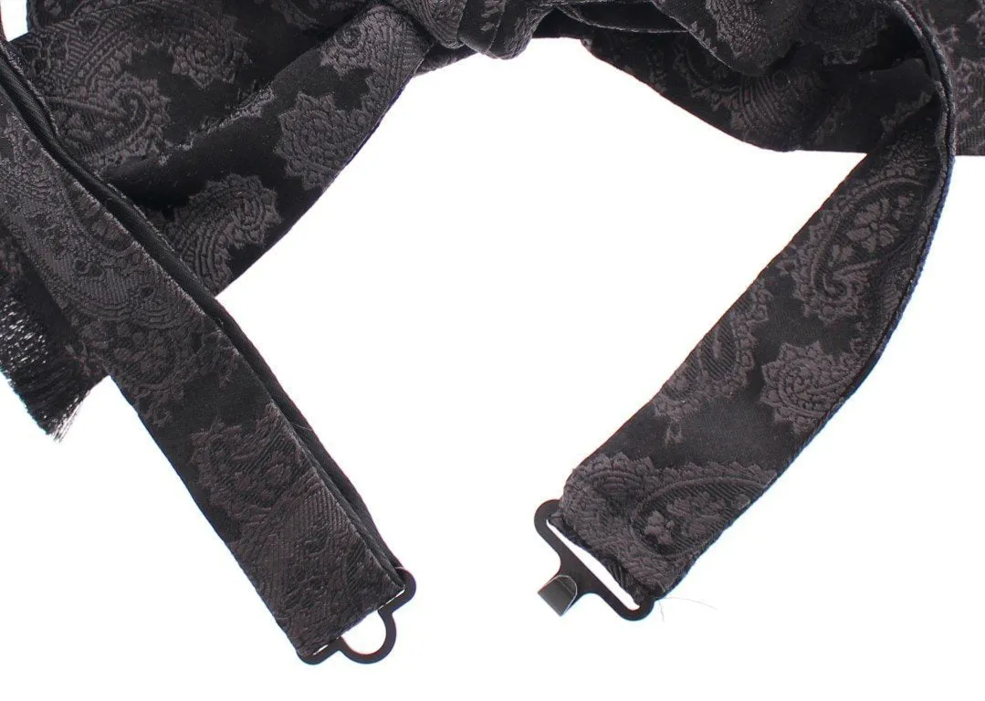 Black Gray Silk Baroque Paisley Bow Tie