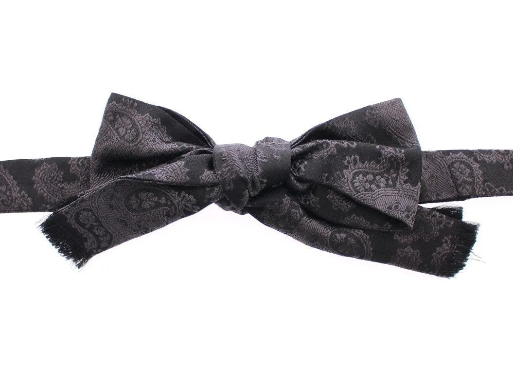 Black Gray Silk Baroque Paisley Bow Tie