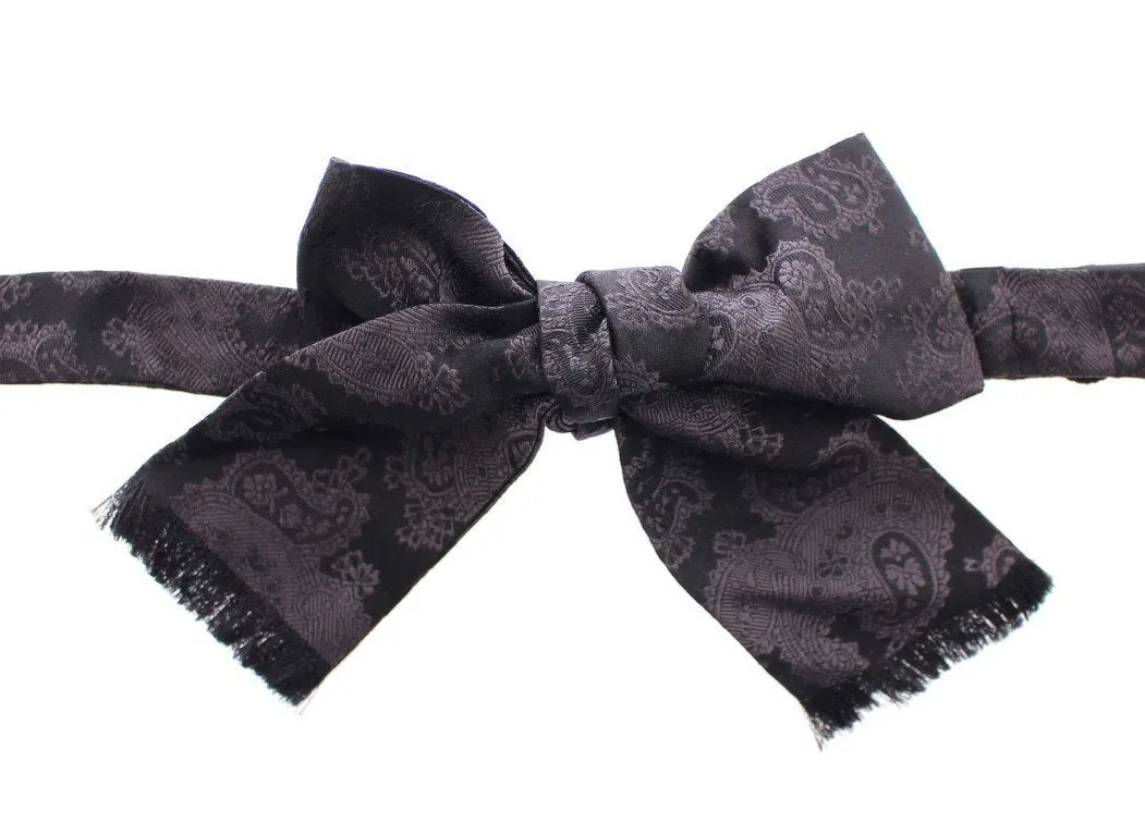 Black Gray Silk Baroque Paisley Bow Tie
