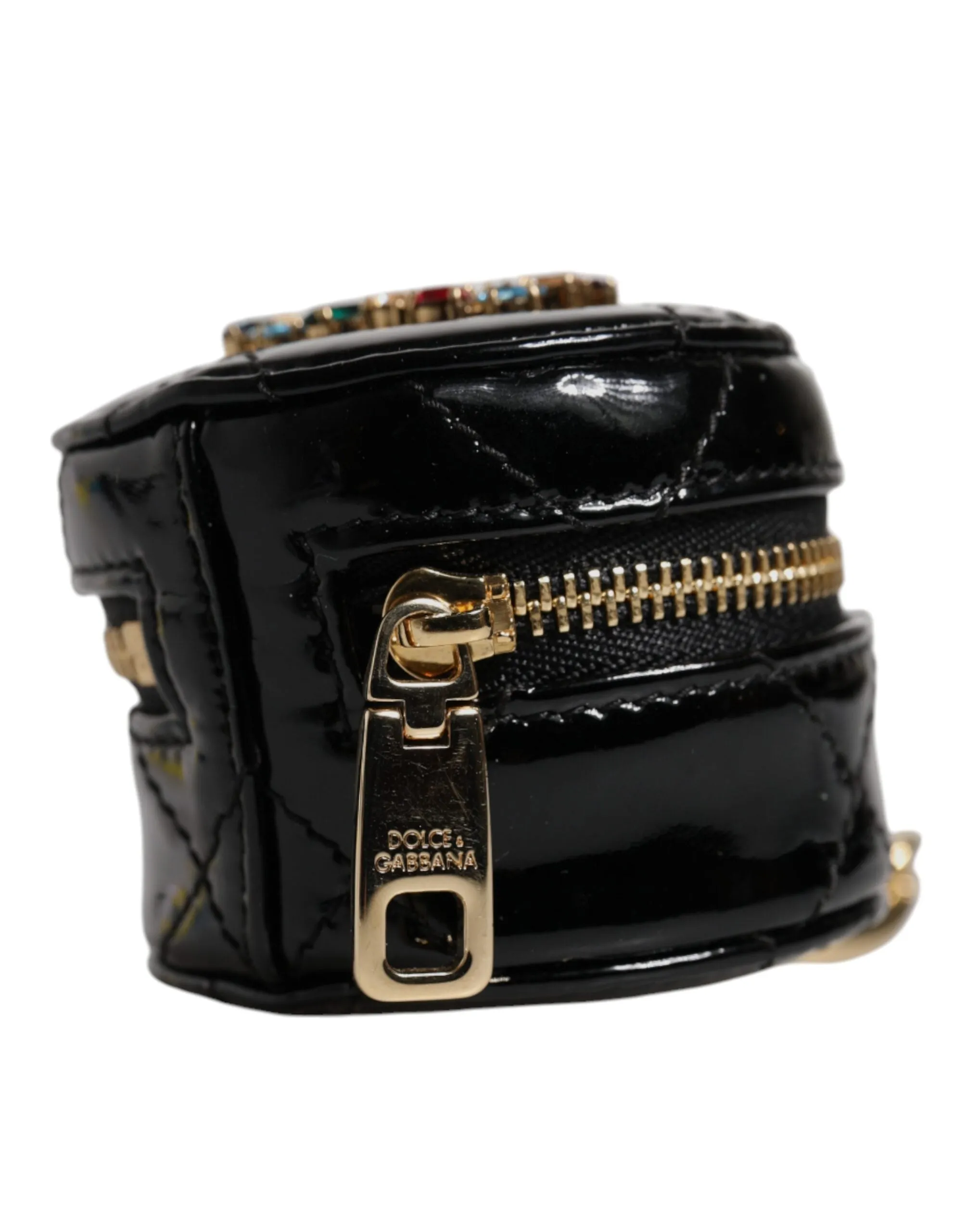 Black Lamb Leather DG Crystal Round Coin Purse Wallet