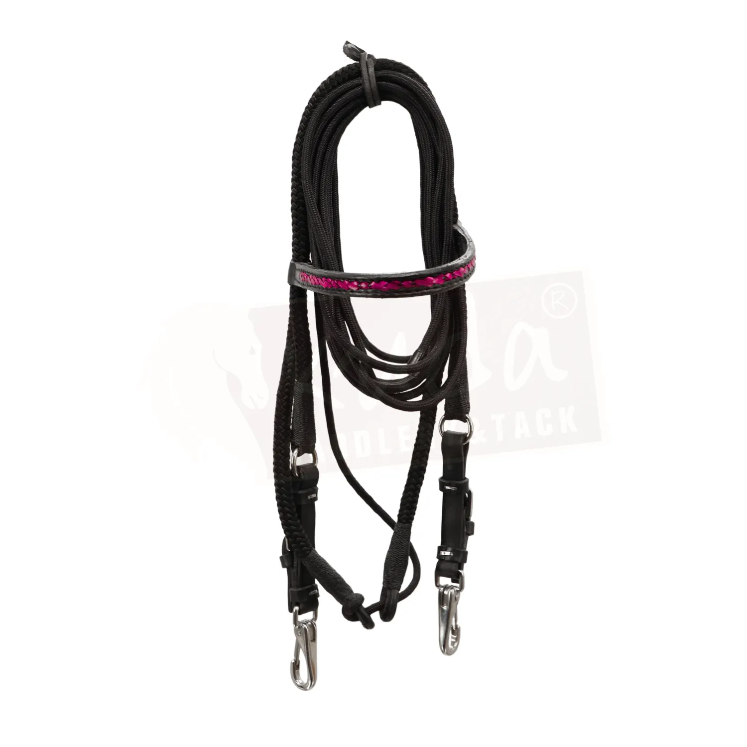 Black Nylon/Leather Headstall with S.S. Clips and Pink Accents