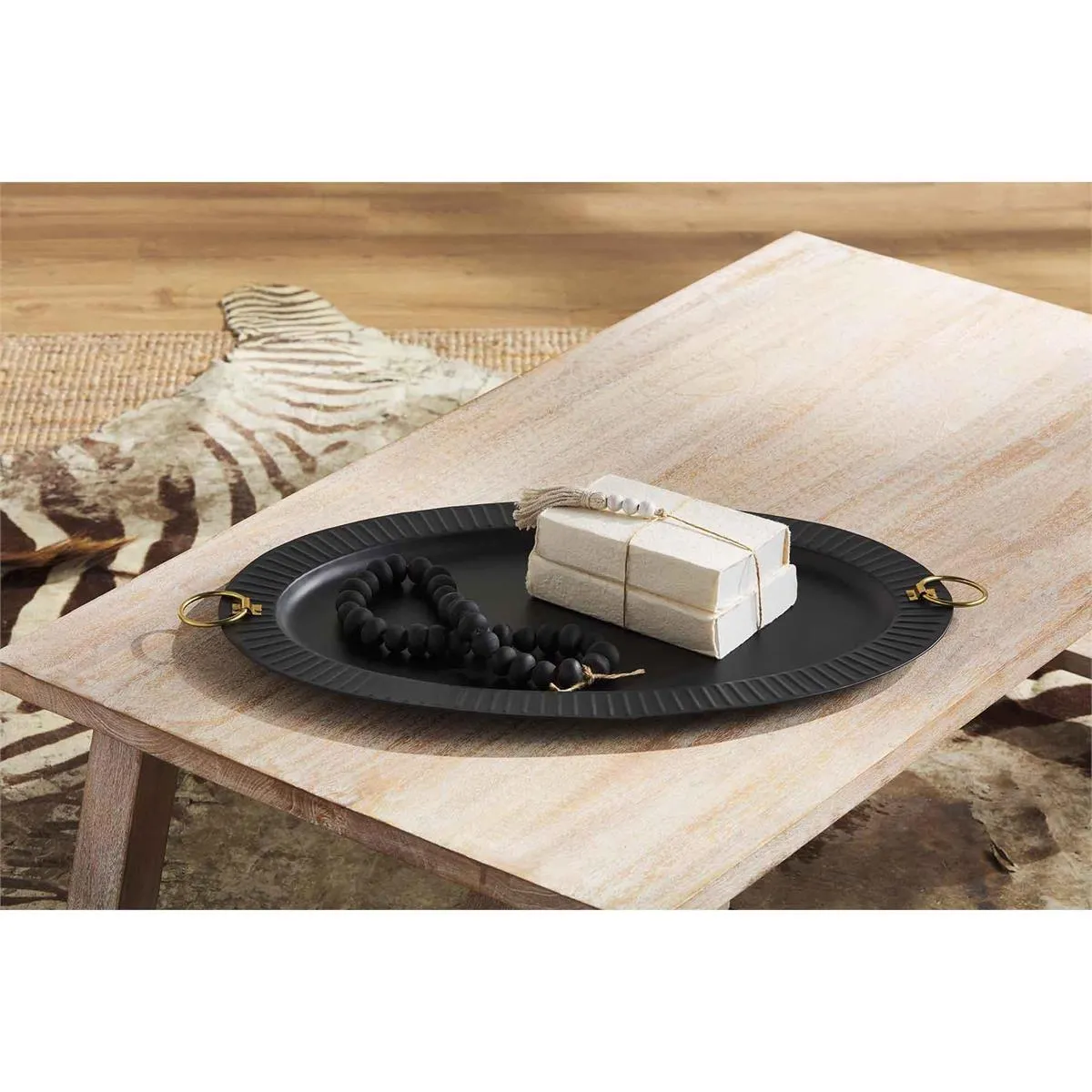 Black Oval Metal Tray with Gold Handles