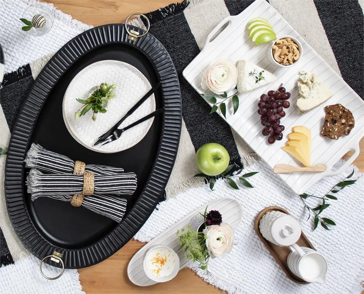 Black Oval Metal Tray with Gold Handles