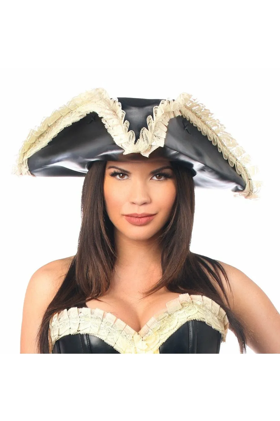 Black Pirate Hat in Faux Leather and  Cream Lace Trim